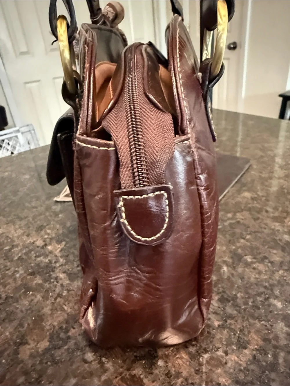 Vintage Apt. 9 Glossy Brown Dome Satchel Bag with Vintage Scarf Accent